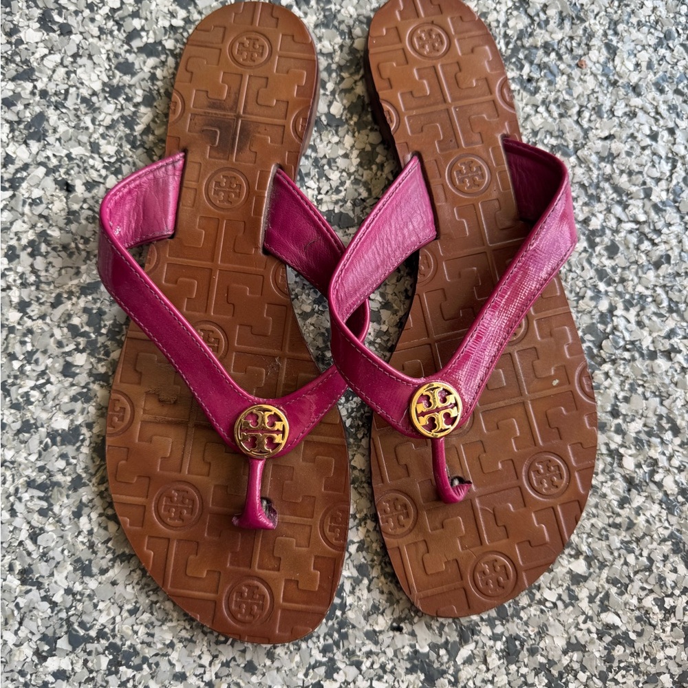 Tory Burch Magenta and Brown Flip Flops